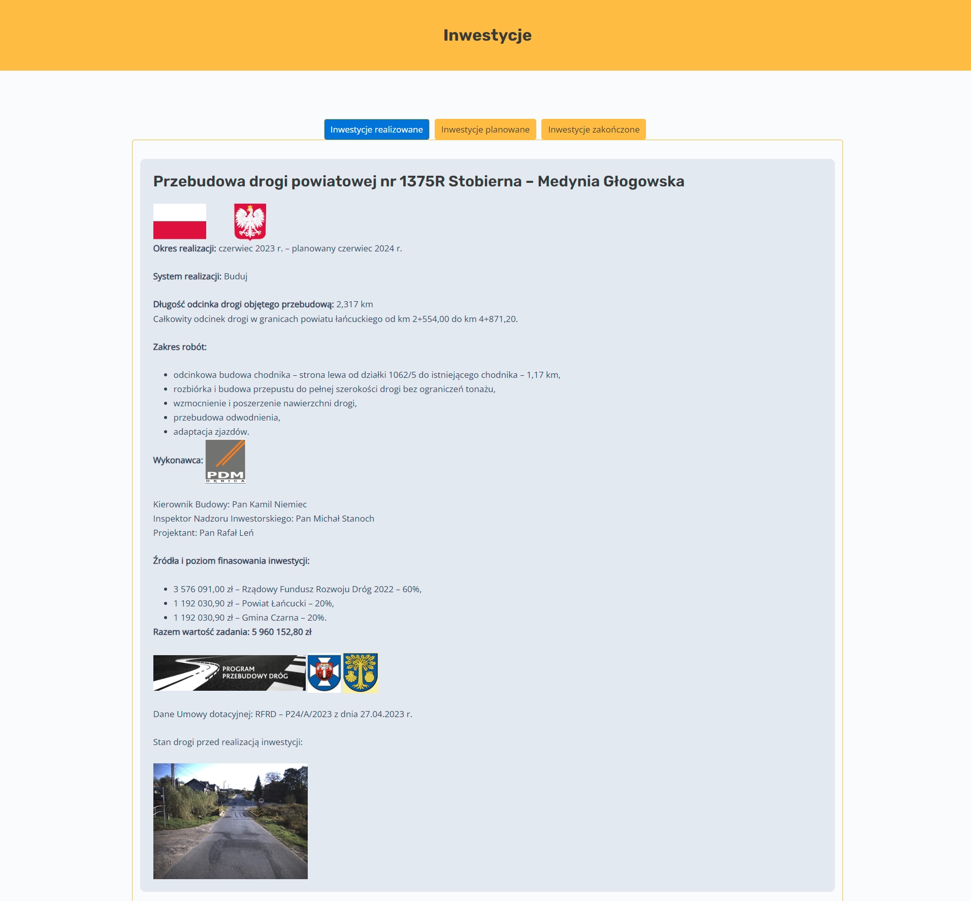 Sekcja na stronie Inwestycje